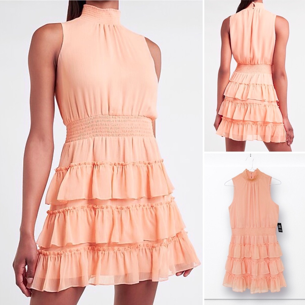 Express Chiffon Mini Dress Women M  Mock Neck Tiered Sleeveless Smoke Ne…